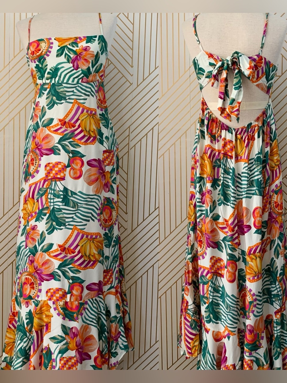 Paper Heart palm leaves Fruit Island Tropical Tie back Ruffle Hem maxi dress M